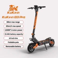 Električni skuter KuKirin G3 Pro z dvema motorjema: moč 2400 W, 65 km/h, doseg 80 km, 10-palčne terenske pnevmatike in hitro odstranljiva baterija